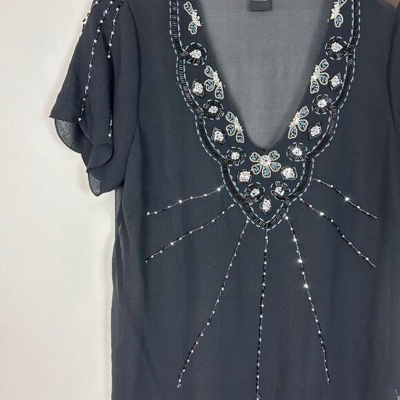 Y2K Karen Kane Black Beaded Embellished Silk Top Sheer Size Medium Women's - Picture 3 of 5